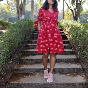 Red Polka Dot Linen Dress, Hand block print dress, Pleated dress, Made to order, Custom made, Plus size