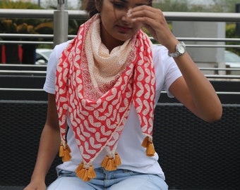 Block printed cotton scarf, Boho scarf, Print wrap, Long scarf, Tassel scarf, Indian print scarf, Indian print wrap