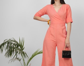 Peach surplice jumpsuit for women, Linen jumpsuit, Made to order, Custom made, Plus size