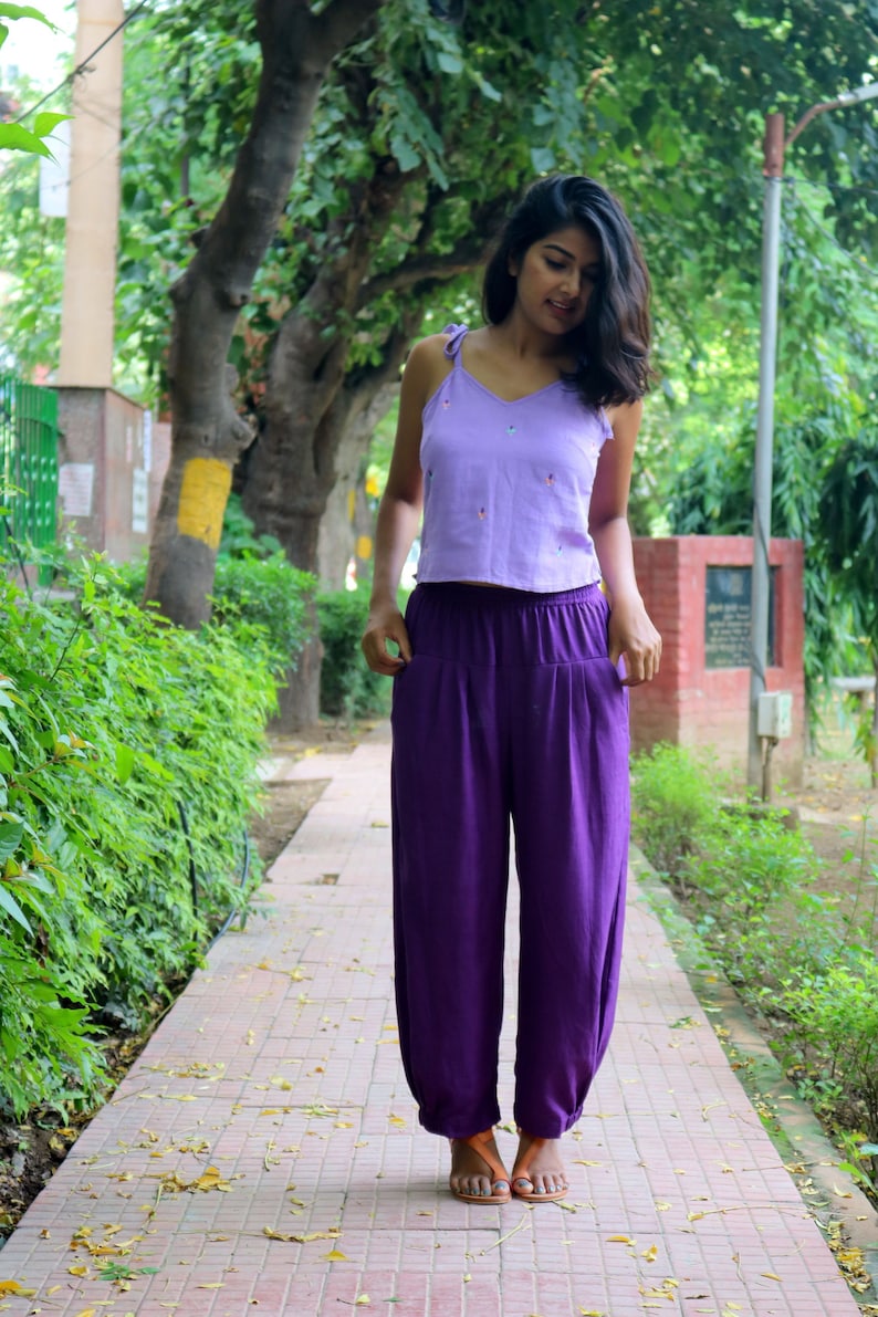 Unisex Purple pants for women, Custom made baggy pant, Bohemian pants, Made to order, Plus size image 1