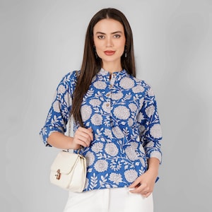 Blue cotton top for women, Handblock printed blouse for women, Made to order, Custom made, Plus size