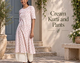 May include: A cream-colored kurti featuring a delicate pink floral pattern, paired with wide-leg cream pants. The kurti has a round neckline and elbow-length sleeves. The text 'Cream Kurti and Pants' is displayed to the right of the garment.