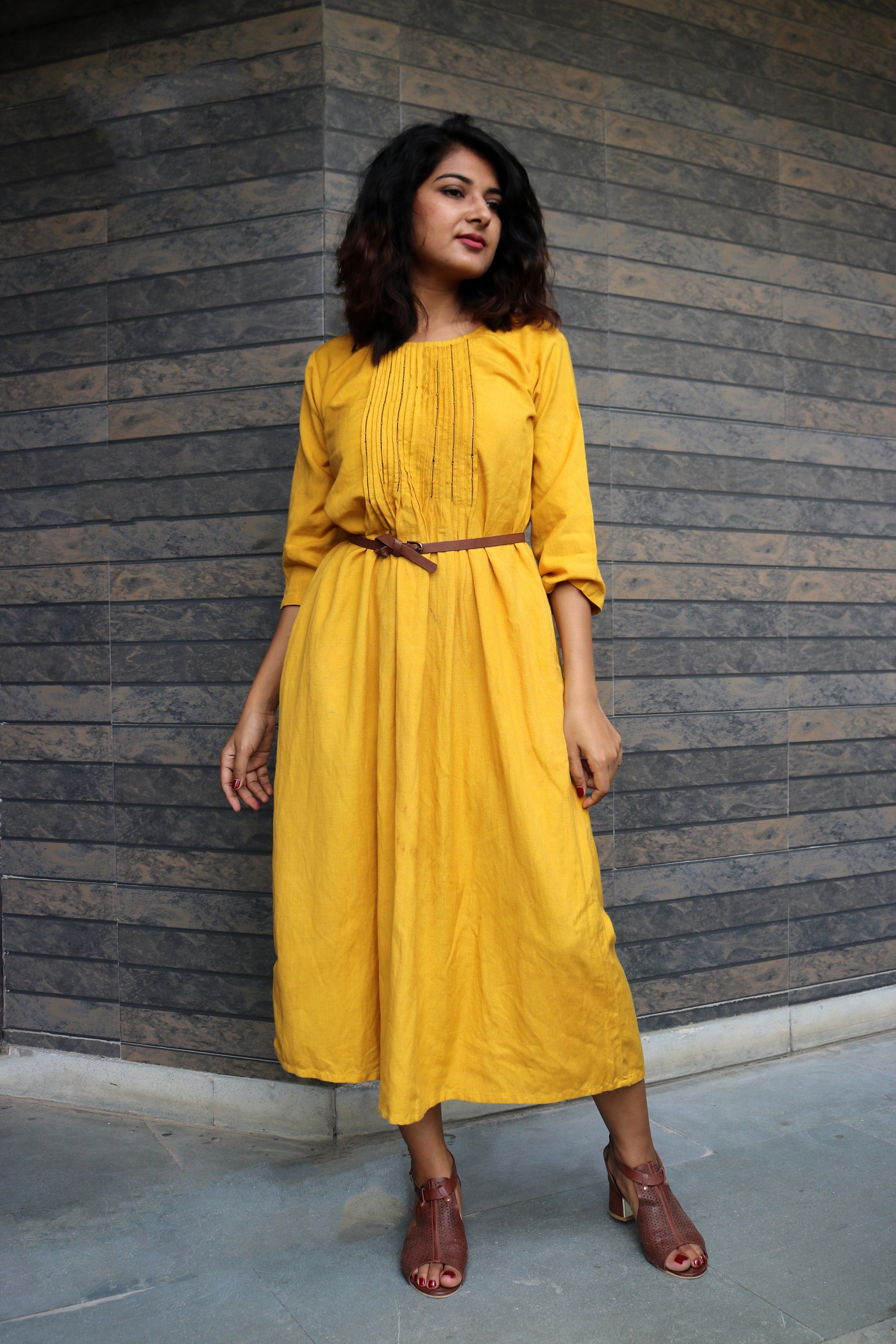 Mustard Maxi Dress, Pin Tucks Dress, Linen Maxi Dress, Made
