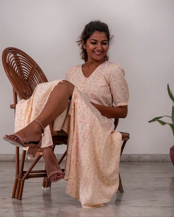 Cream Linen Dress, Block Print Dress, Sundress, Maxi Dress, Dress for Women, Plus size, Made to Order, Custom Made