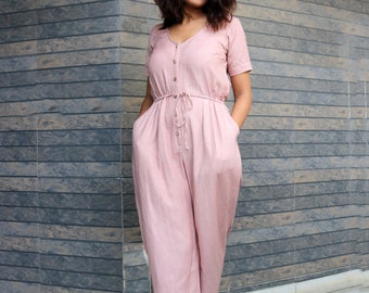 Women Rose Gold baggy Linen jumpsuit Casual Summer Handmade, Made to order, Custom made, Plus size