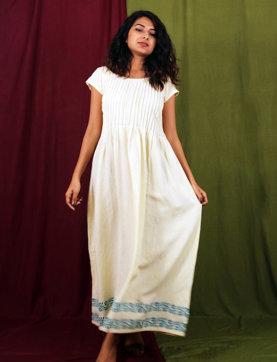 BAU★LYN See-through pin tucked detail long dress★(Oatmeal) Oatmeal Linen Dress - Smocked Beige Dress - Midi Dress