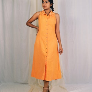 Orange Collar A-Line Maxi Dress, Maxi Dress for Women, Hand embroidered Linen Dress, Linen Shirtdress, Plus Size, Custom Made, Made to Order