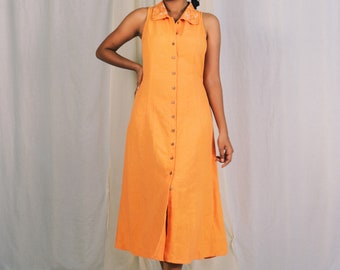 Orange Collar A-Line Maxi Dress, Maxi Dress for Women, Hand embroidered Linen Dress, Linen Shirtdress, Plus Size, Custom Made, Made to Order