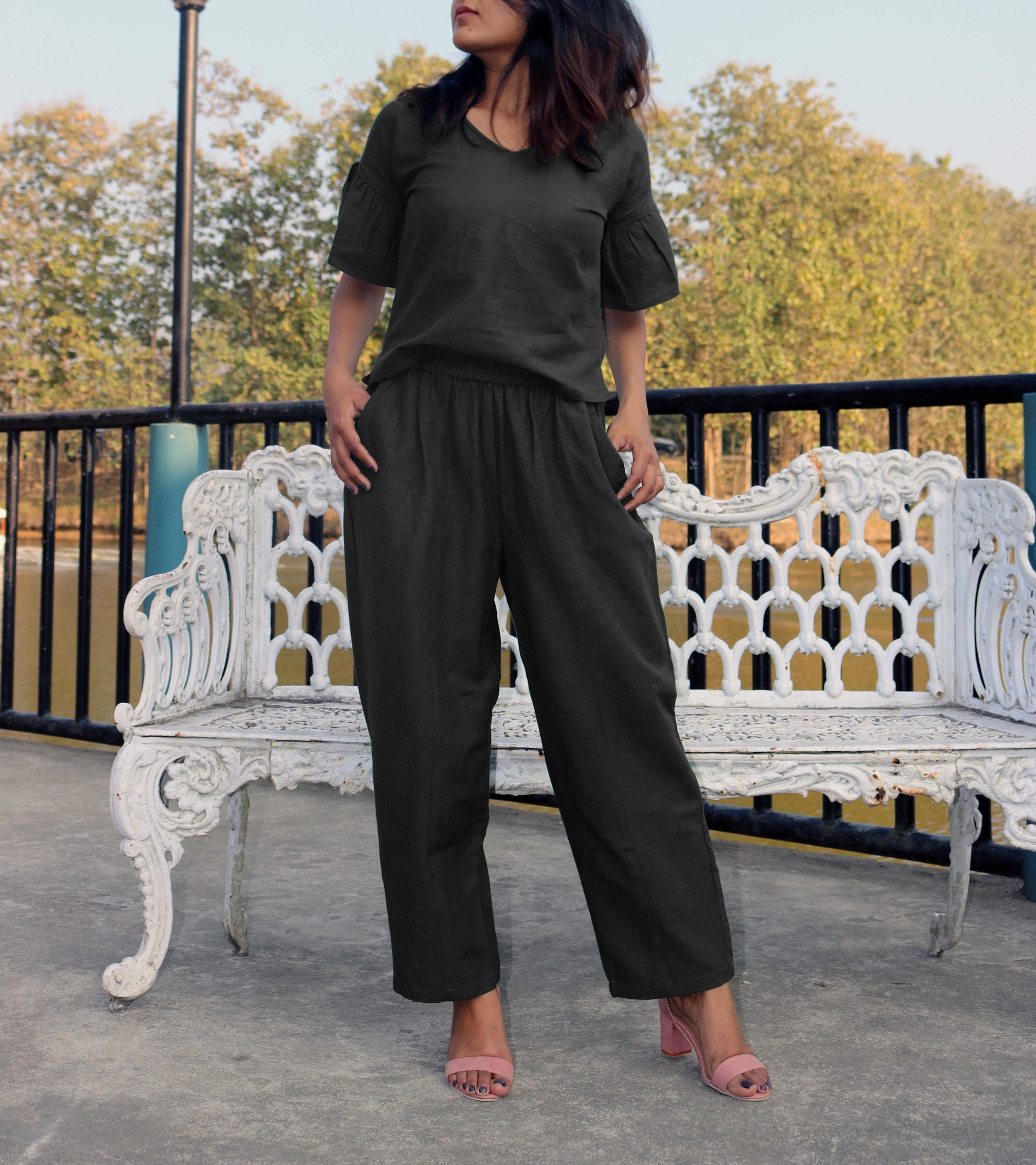 Frill Sleeve Top for Women Black Linen 