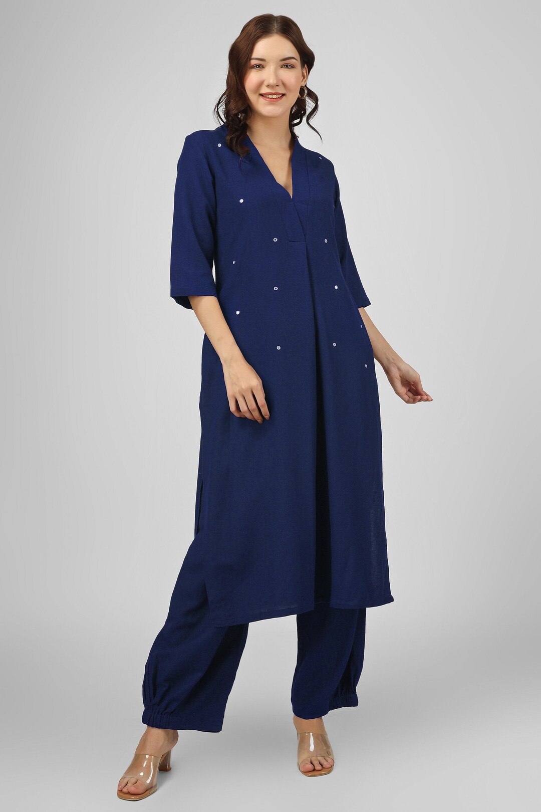 Ladyline Women’s Blue Rayon Printed Kurti – V Neck Handwork Tunic Top With Mirror & Pearl Detail