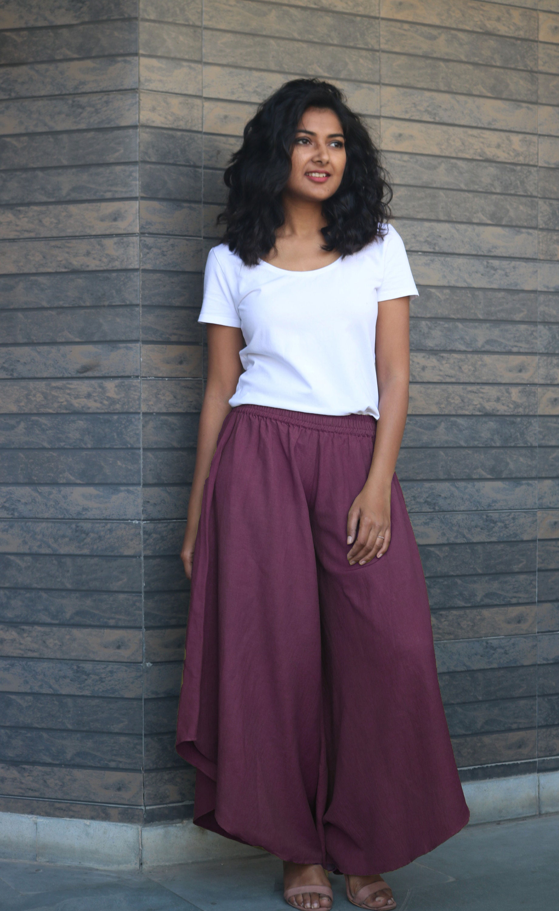 Aubergine Flare Linen Pants for Women 