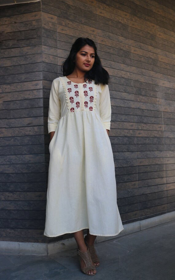 Maxi dress for women, Linen Maxi dress, Block print dress, Off White Linen dress, Plus size, made to order, custom made
