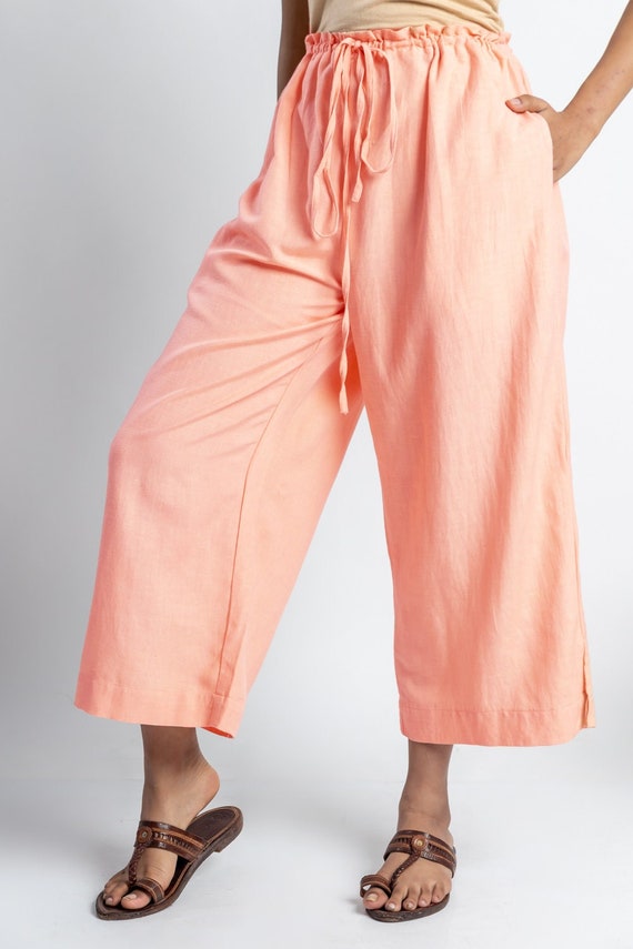 Peach Drawstrings Custom Made Pant for Women, Linen Pant