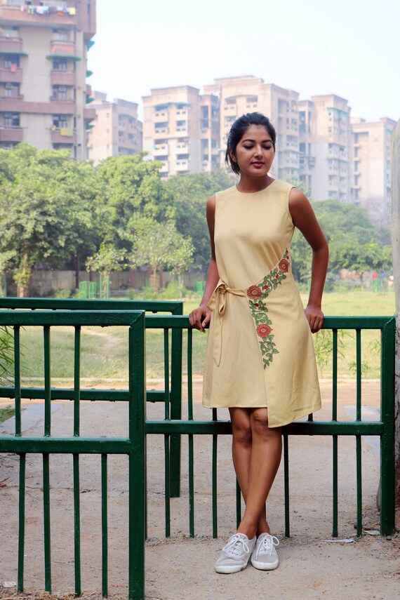 Dress for women, Beige linen dress, Tie-up dress, Shift dress, Made to order, Custom made, Plus size