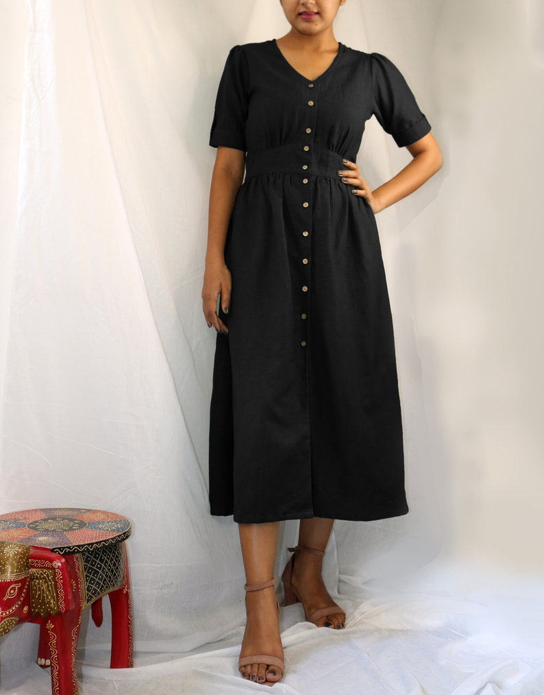 Black Linen Maxi Dress Button Down Dress Custom Made Made Etsy