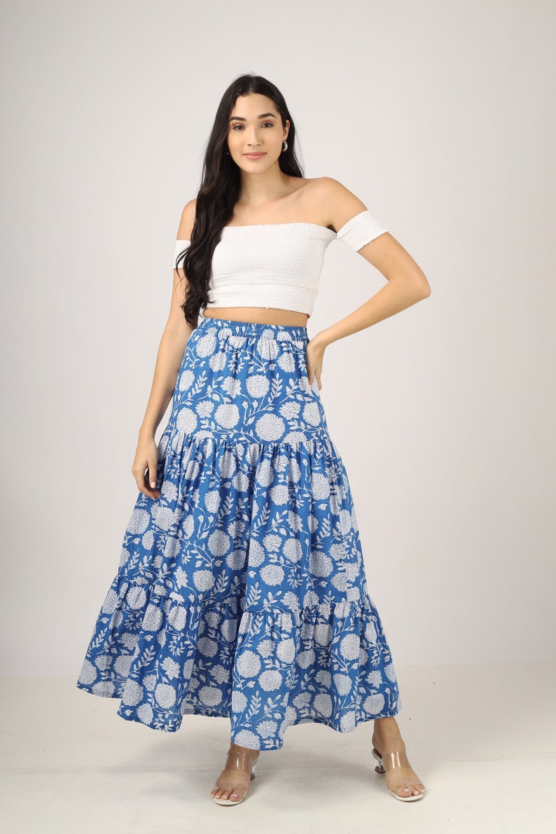 Blue Hand-block printed Cotton Maxi Skirt Layered Maxi Skirt, Floral Cotton Skirt, Plus Size, Custom Made, Made to Order image 1