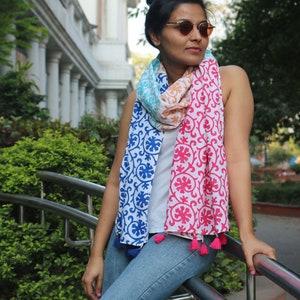Block printed cotton long scarf, Boho scarf, Kalamkaari wrap, Stole, Tassel scarf, Indian print scarf, Indian print wrap