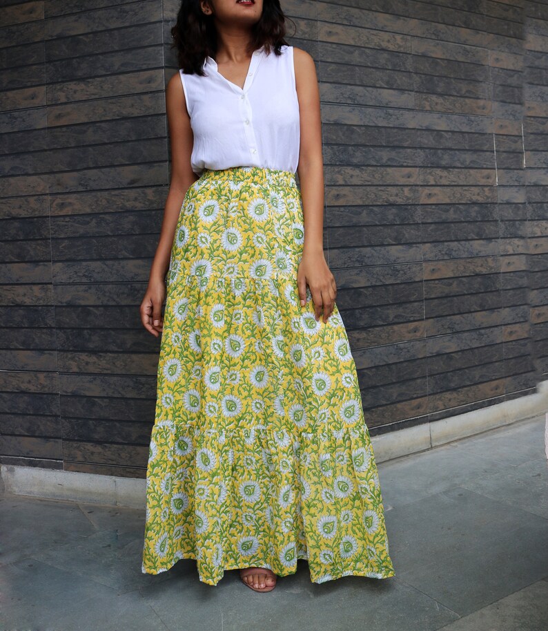 Yellow Hand-block printed Cotton Maxi Skirt Layered Maxi | Etsy