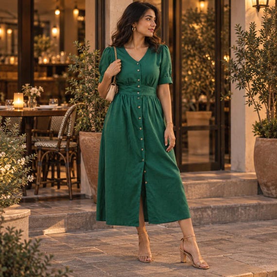 Dark Green Cotton Maxi Dress, Button Down, Custom Made, Plus Size