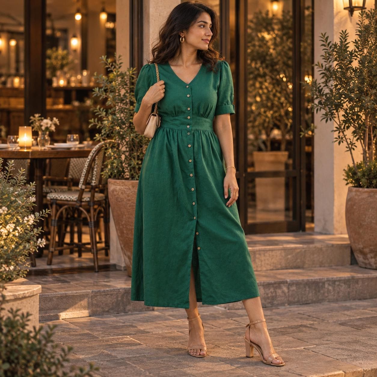 green and bronze dress what color heels with green dress