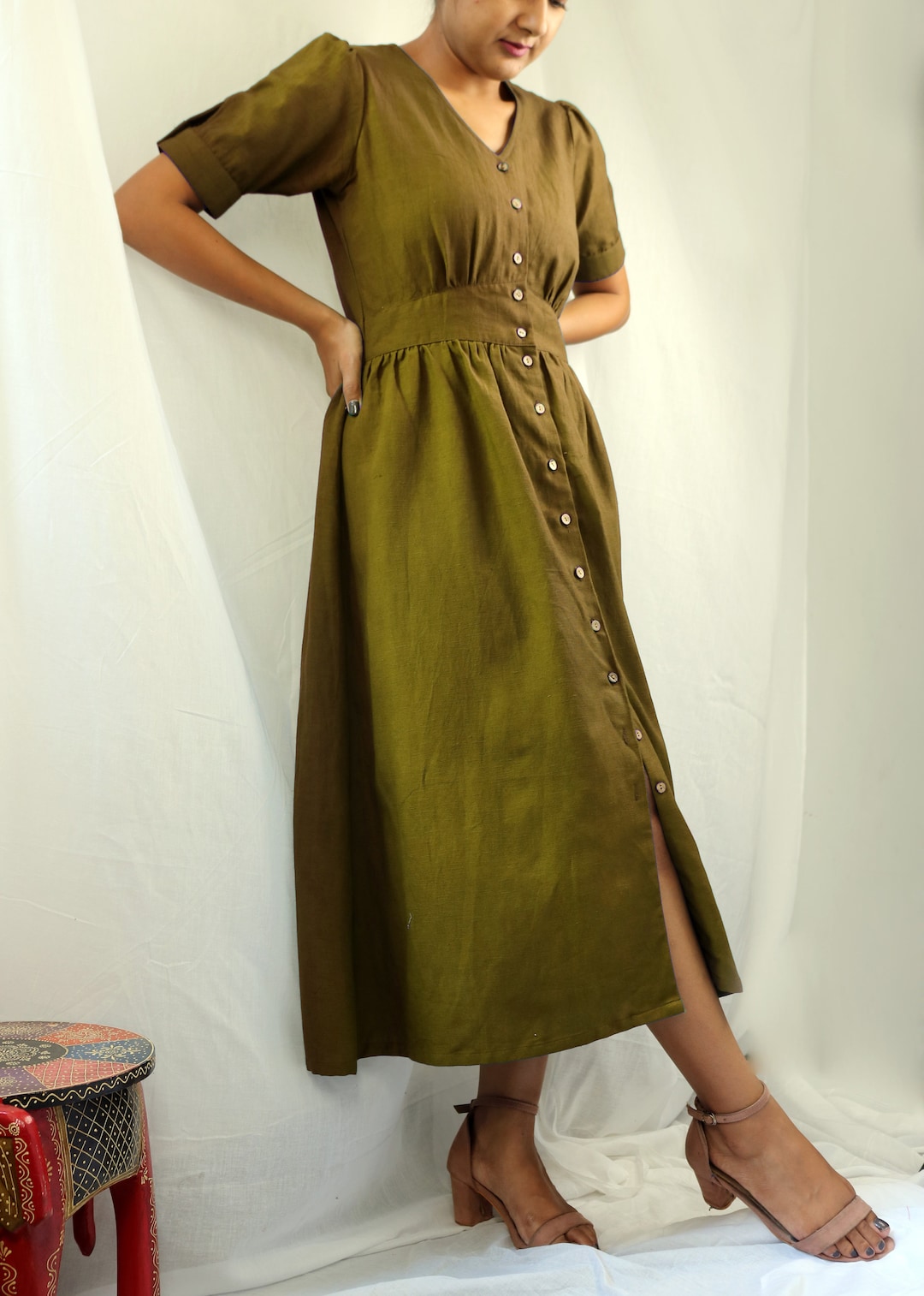 Olive linen maxi dress, Button down dress, Custom made, Made to order, Plus size