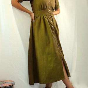 Olive linen maxi dress, Button down dress, Custom made, Made to order, Plus size