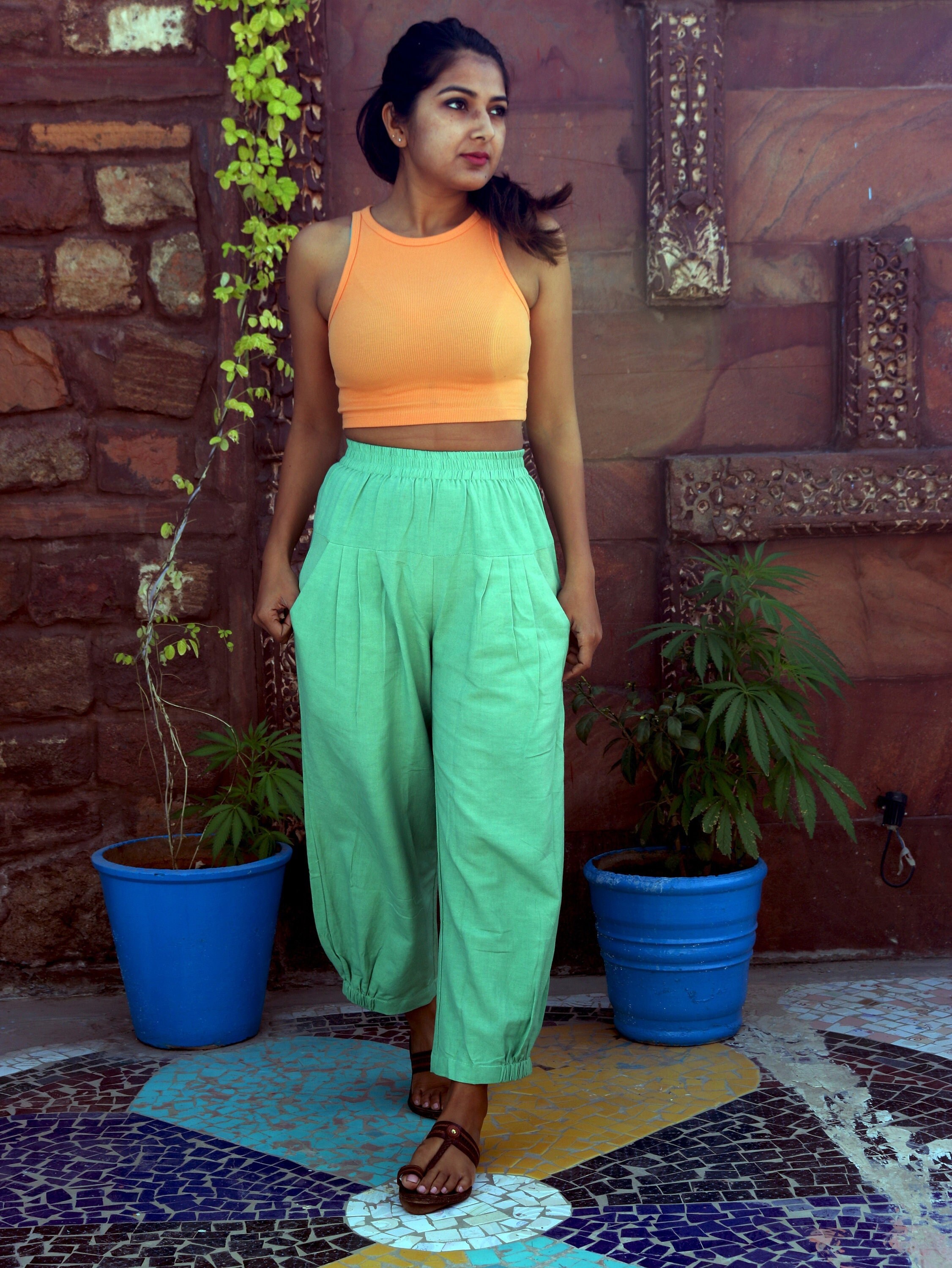 Unisex Mint Green Pants for Women and Men, Custom Made Baggy Linen