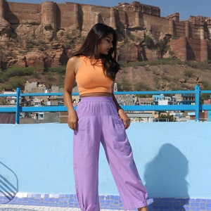 Unisex Lilac custom made baggy pants for women and men, Bohemian linen pants, Made to order, Plus size image 6
