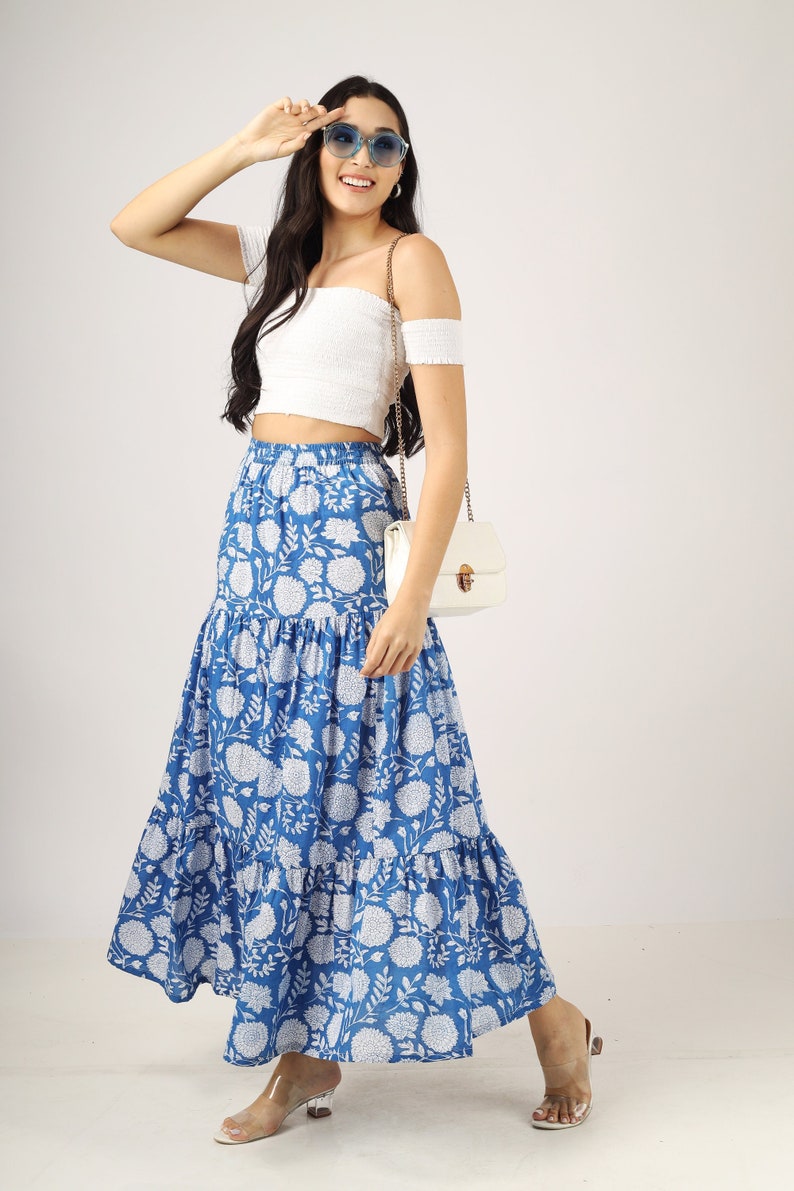 Blue floral hand block printed cotton maxi skirt with 3 tiers