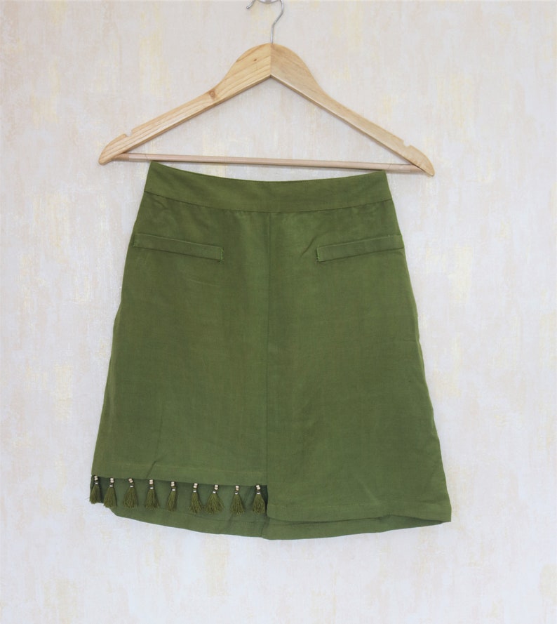 Pickle Green Mini skirt for women, linen skirt, Tassel skirt, Made to order, Custom made, Plus size image 3