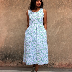Green-blue block printed cotton maxi dress, Button down dress, Custom made, Made to order, Plus size