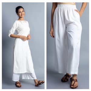 Conjunto blanco de kurti y pantalón bordado a mano, hecho a pedido, hecho a medida, talla grande