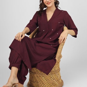 Wine Mirror-work Kurti for women, Linen kurta dress, Hand block print dress, Linen tunic dress, Made to order, Custom made, Plus size
