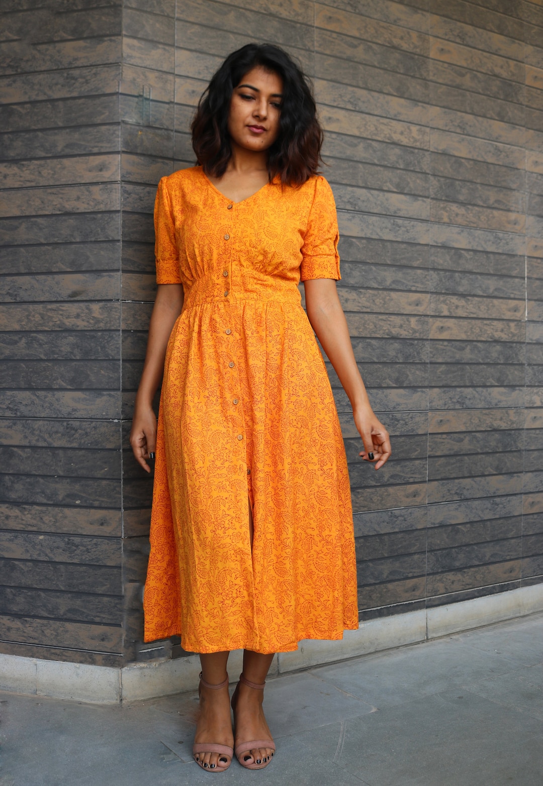 Orange Hand Block Print Maxi Dress Button Down Dress Custom - Etsy UK