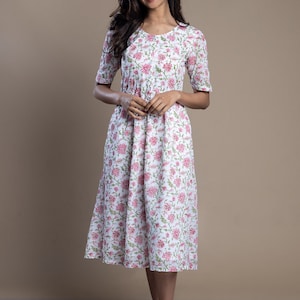 Women Cotton Dress Pink-Green block printed maxi, Button down dress, Custom made, Made to order, Plus size