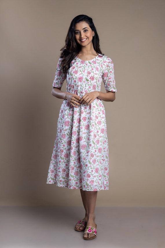 Women Cotton Dress Pink-Green block printed maxi, Button down dress, Custom made, Made to order, Plus size Women Cotton Dress Pink-Green block printed maxi, Button down dress, Custom made, Made to order, Plus size