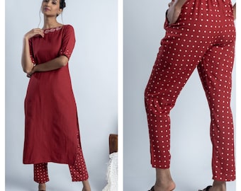 Red Co-Ords Kurti and Pants Block Print Polka Dot, Made To Order, Custom Made, Plus Size