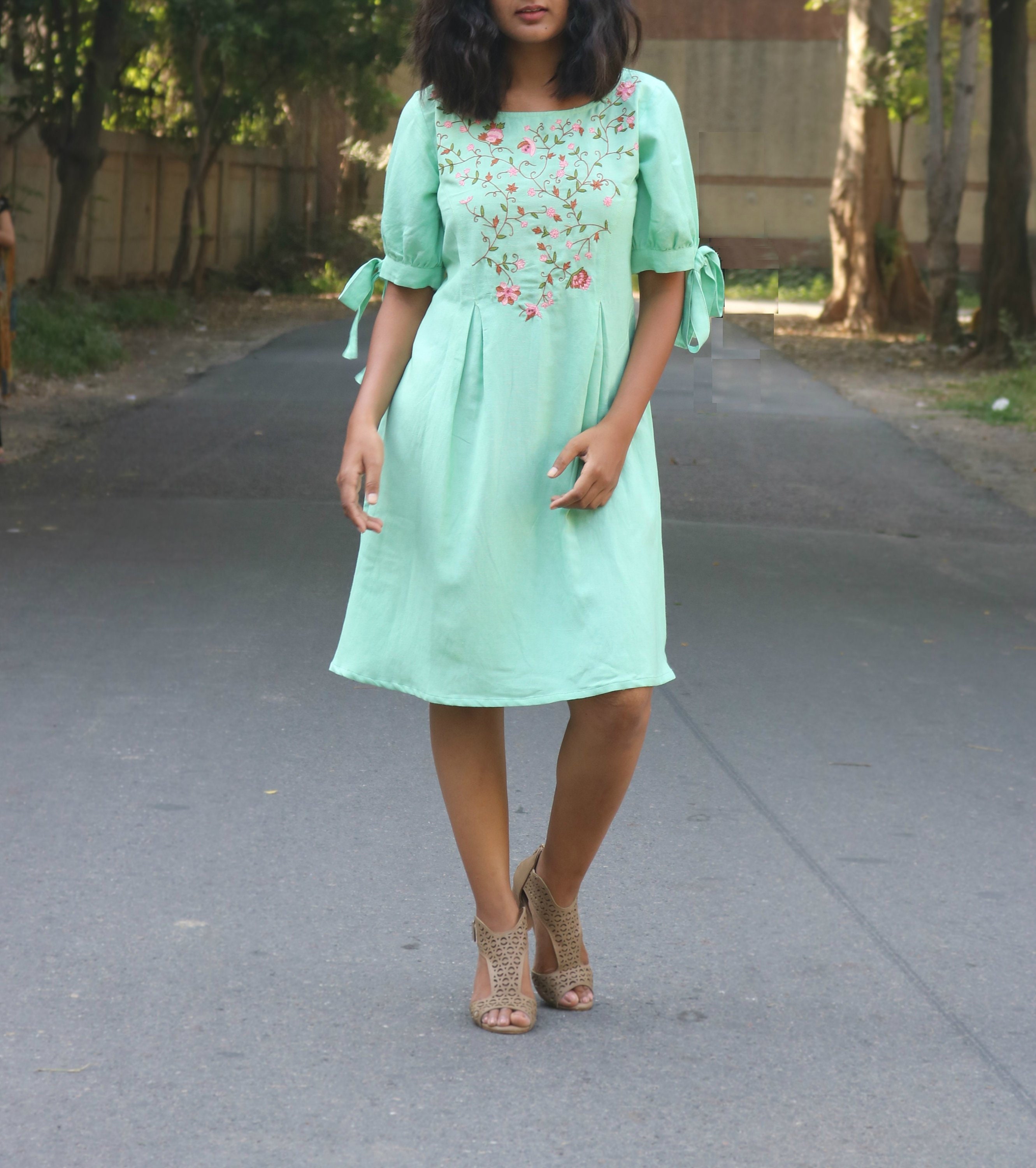 Shift dress for women/ Mint linen dress/ Pleated dress/ Loose Etsy
