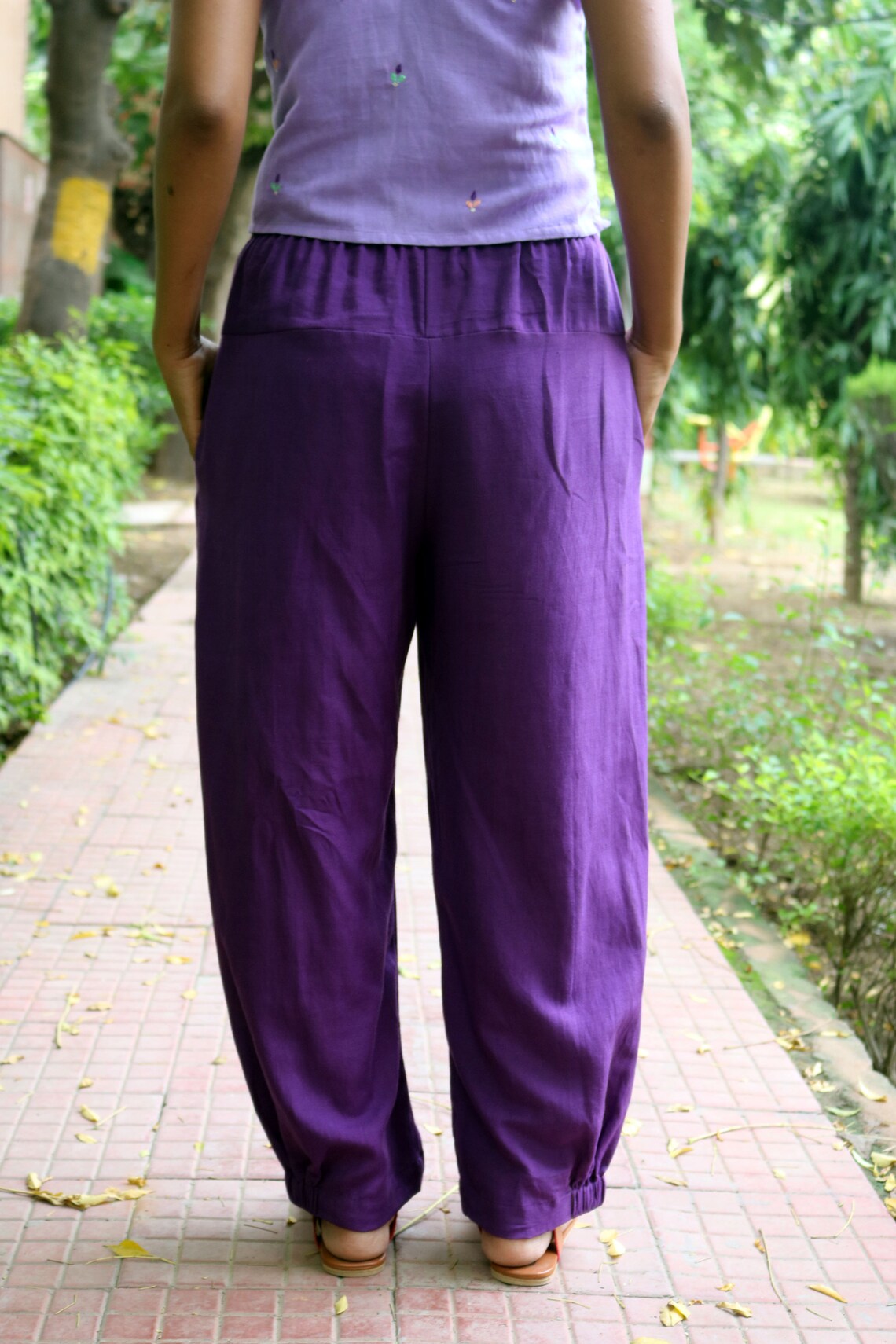 purple linen trousers