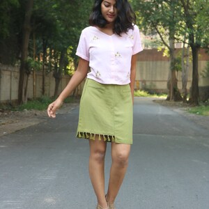 Pickle Green Mini skirt for women, linen skirt, Tassel skirt, Made to order, Custom made, Plus size image 6