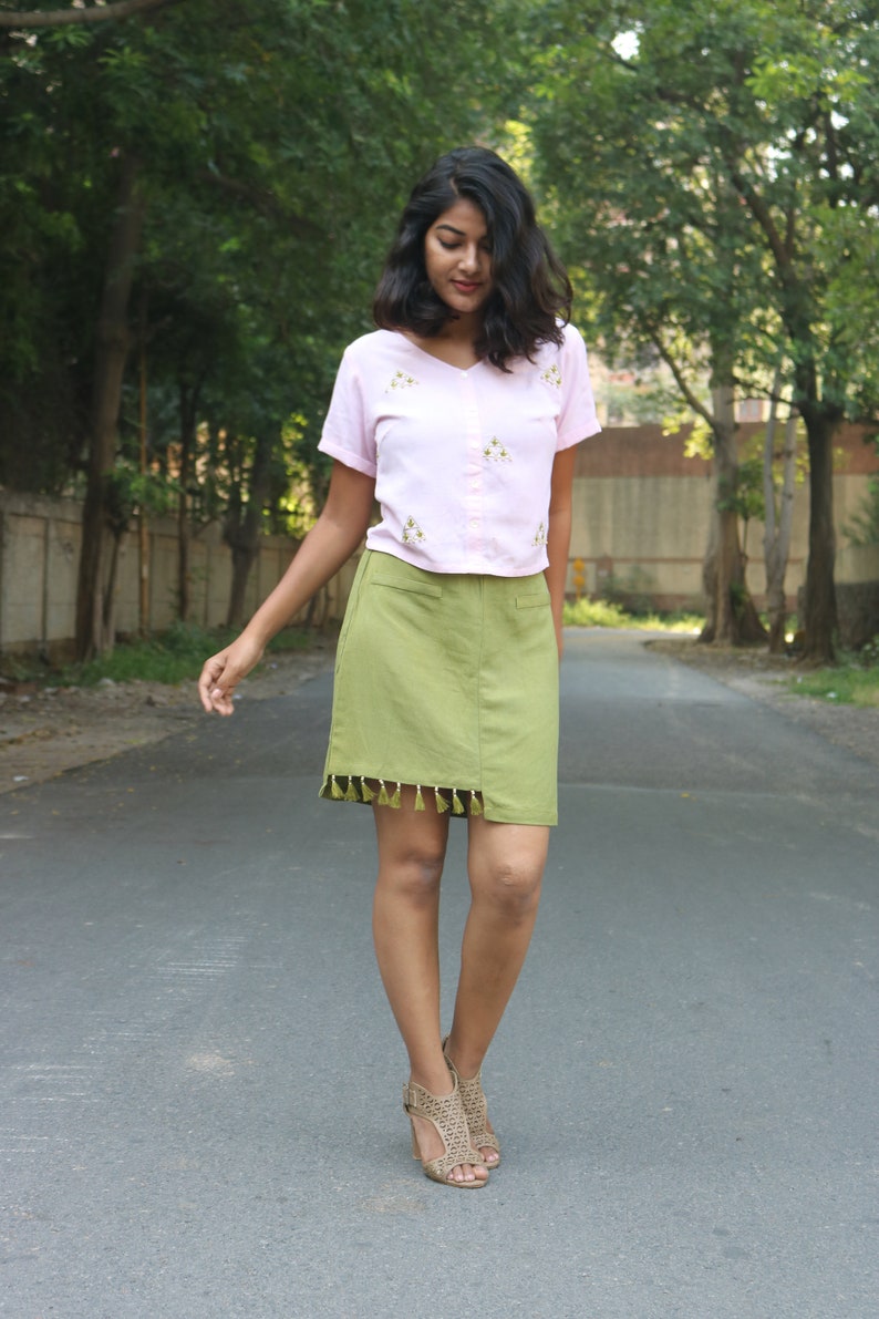 Pickle Green Mini skirt for women, linen skirt, Tassel skirt, Made to order, Custom made, Plus size image 6