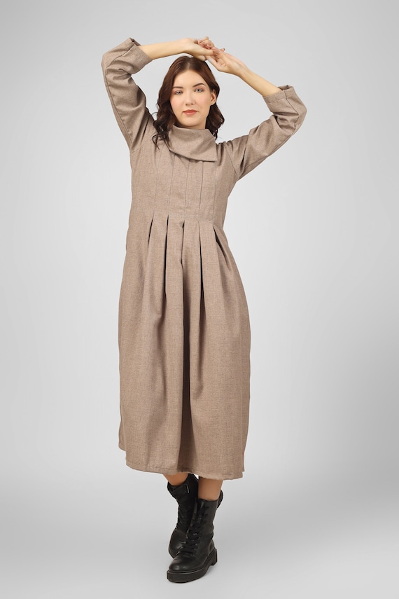 Winter Pebble grey maxi dress for women, Wool blend pleated dress, Made to order, Custom made, Plus size