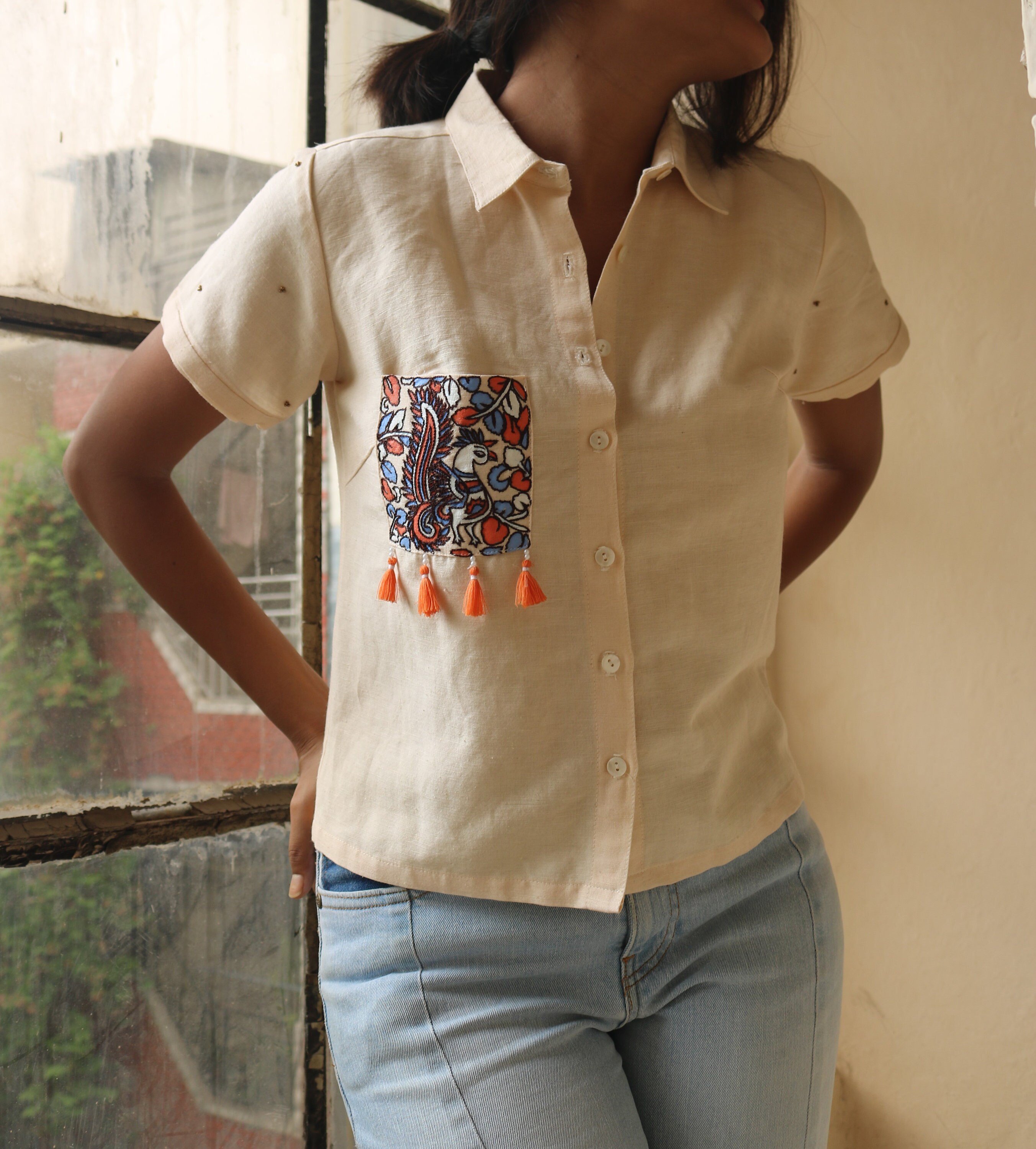 Cream linen top, women shirt 