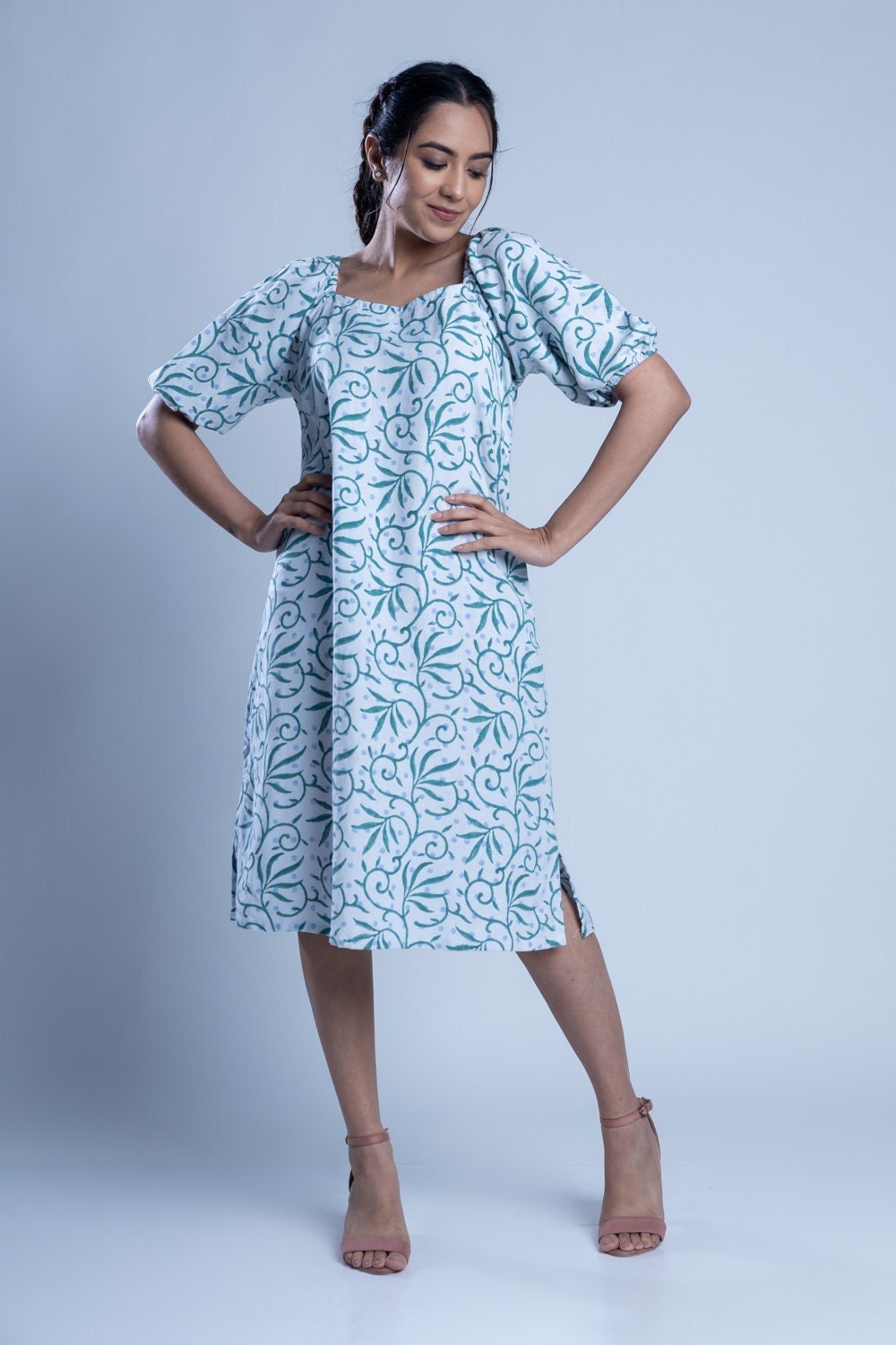 Powder Blue Linen Tunic Dress,  Hand block print dress, Made to order, Custom made, Plus size