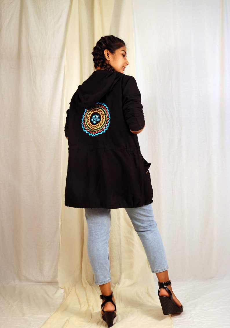 Women Black Embroidered Handmade Jacket, Utility Linen Jacket, Made to Order, Plus Size, Custom Made image 2