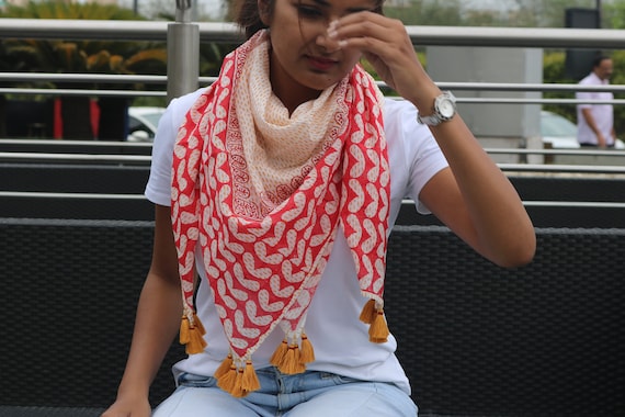 Hand Block Printed Cotton Scarf, Indian Tassel Wrap - Etsy