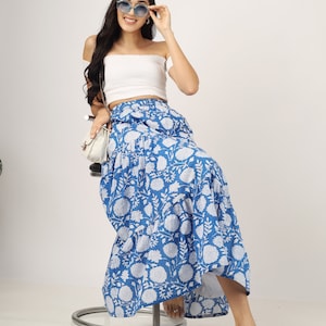 Blue Hand-block printed Cotton Maxi Skirt Layered Maxi Skirt, Floral Cotton Skirt, Plus Size, Custom Made, Made to Order image 2