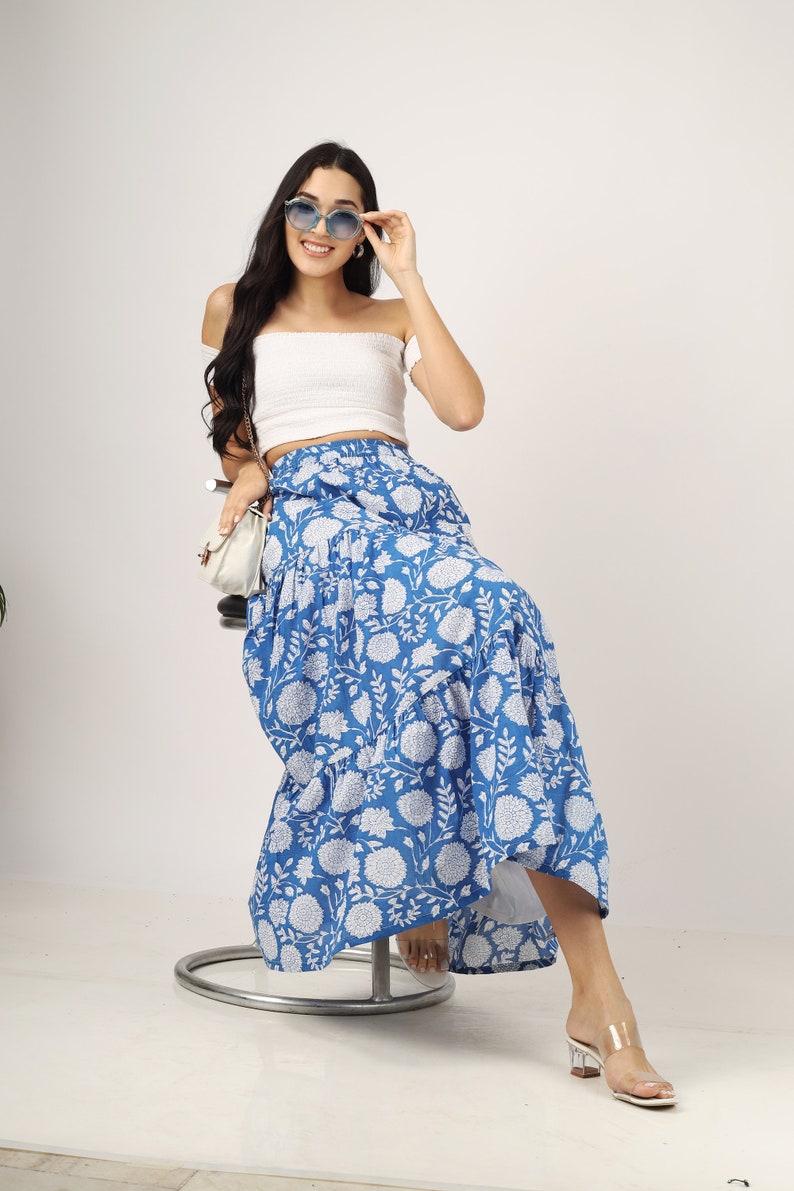 Blue Hand-block printed Cotton Maxi Skirt Layered Maxi Skirt, Floral Cotton Skirt, Plus Size, Custom Made, Made to Order image 2