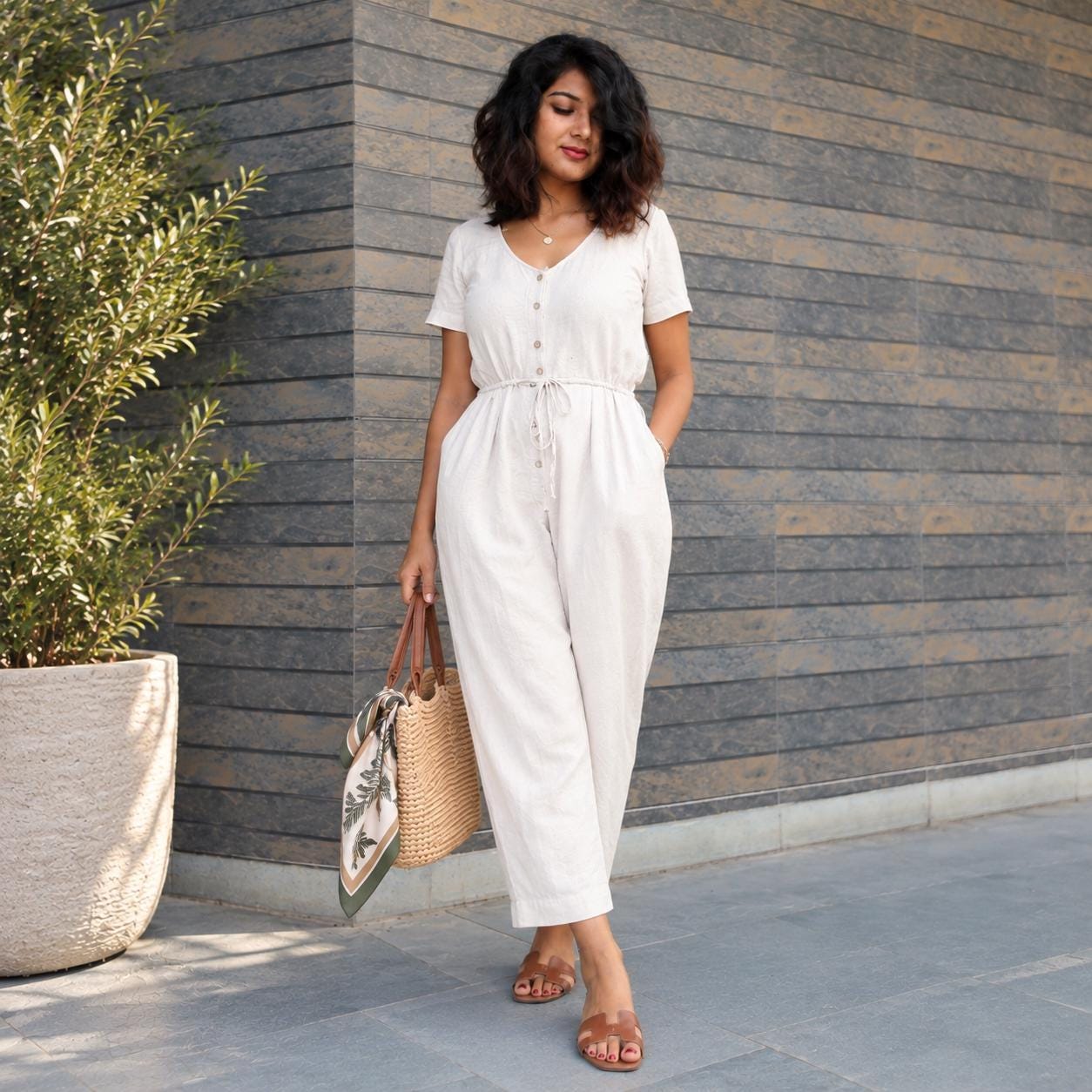 Women White Linen Baggy Jumpsuit, Casual Handmade Made to Order