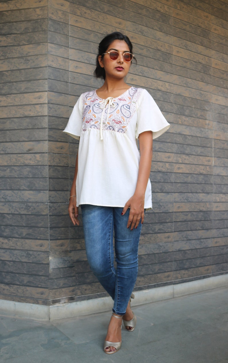 Off white linen topLinen loose topBlock print top Boho linen topLinen blousemade to order custom made
